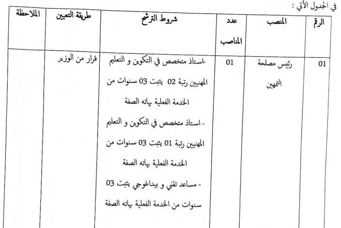 مديرية التكوين والتعليم المهنيين سعيدة تعلن عن شغور منصب عالي