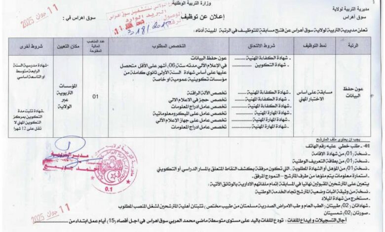 مسابقة توظيف بمديرية التربية لولاية سوق أهراس