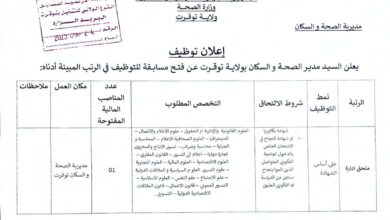 مسابقة توظيف ادارية بمديرية الصحة والسكان لولاية توقرت