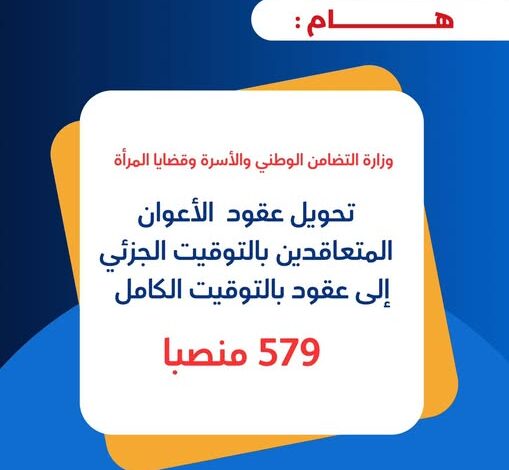 تحويل المتعاقدين بالتوقيت الجزئي التابعين لوزارة التضامن الاجتماعي إلى التوقيت الكامل
