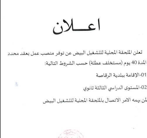 وكالة التشغيل البيض تعلن توظيف لمستوى الدراسي السنة الثالثة ثانوي