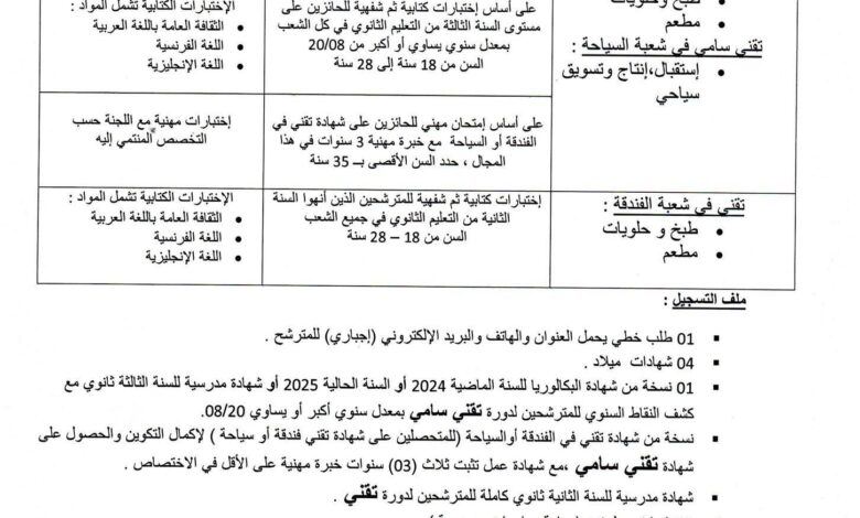إعلان عن فتح مسابقة الالتحاق بالمعهد الوطني للفندقة والسياحة ببوسعادة