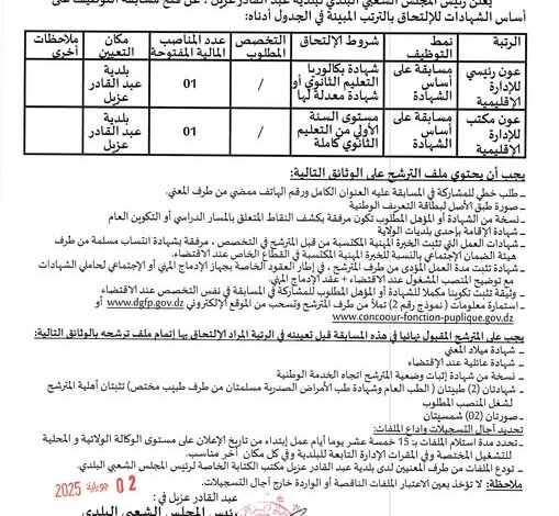 اعلان توظيف بالمجلس الشعبي البلدي لبلدية عبد القادر عزيل ولاية باتنة يعلن رئيس المجلس الشعبي البلدي لبلدية عبد القادر عزيل عن فتح مسابقة توظيف على أساس الشهادات