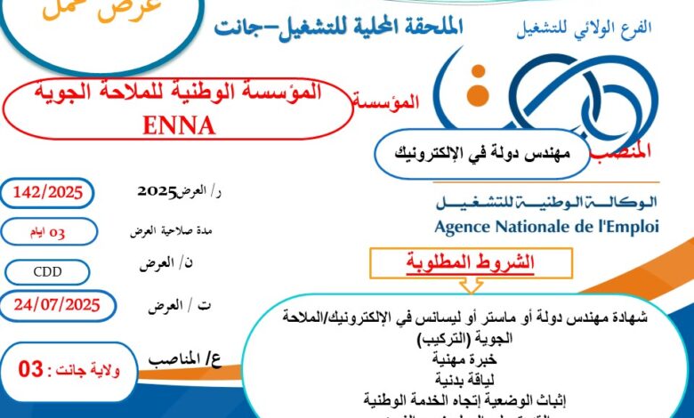 المؤسسة الوطنية للملاحة الجوية ENNA تعلن عن توظيف
