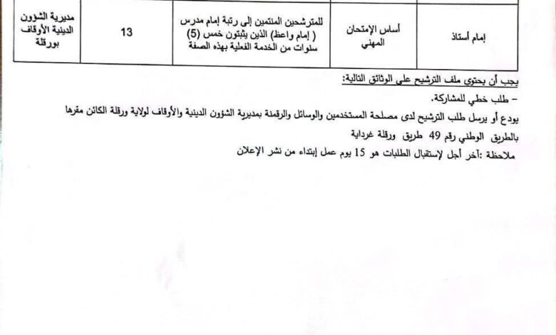 مسابقة توظيف على أساس الامتحان المهني في رتبة إمام أستاذ 13 منصب