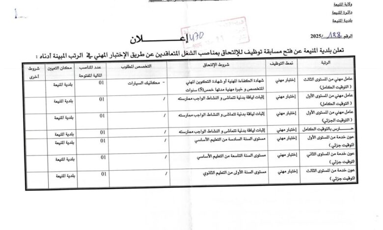 مسابقة توظيف ببلدية المنيعة