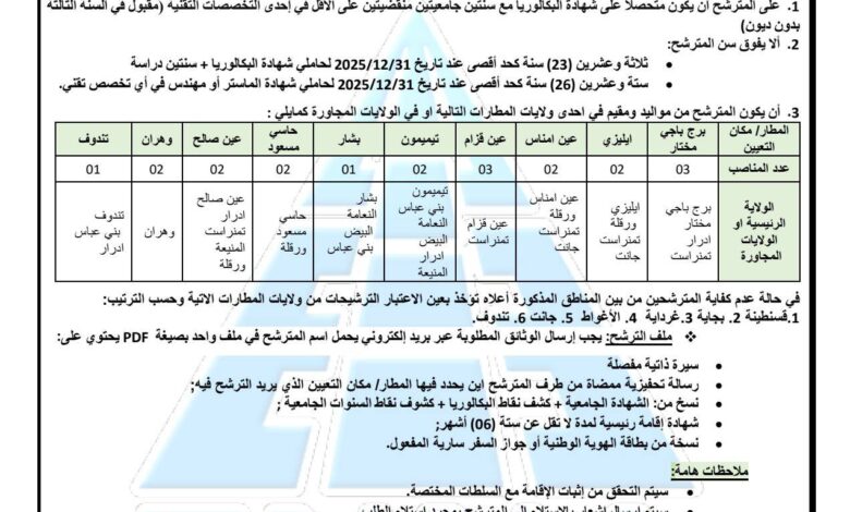 إعلان عن مسابقة تكوين لتوظيف مراقبين جويين في عدة ولايات