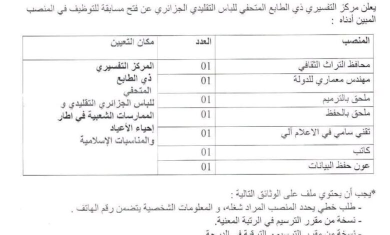إعلان عن توظيف بالمركز التفسيري ذي الطابع المتحفي للباس الجزائري التقليدي والممارسات الشعبية