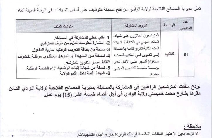 مسابقة توظيف بمديرية المصالح الفلاحية لولاية الوادي