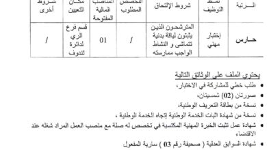 اعلان توظيف بمديرية الري لولاية تندوف