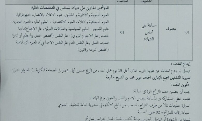 مسابقة توظيف على أساس الشهادات بمديرية التشغيل لولاية المنيعة