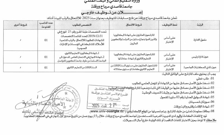 فتح مسابقة توظيف للاداريين في جامعة قاصدي مرباح ورقلة