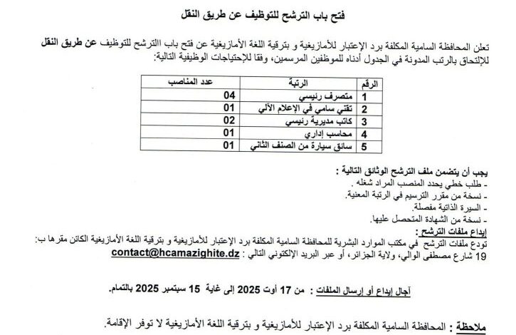 فتح باب الترشح للتوظيف بالمحافظة السامية المكلفة برد الاعتبار للأمازيغية