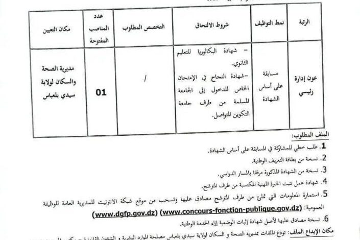 مسابقة توظيف بمديرية الصحة والسكان لولاية سيدي بلعباس