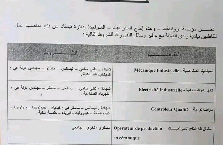 مؤسسة بروتيمقاد وحدة انتاج سيراميك تفتح مناصب عمل في عدة مجالات