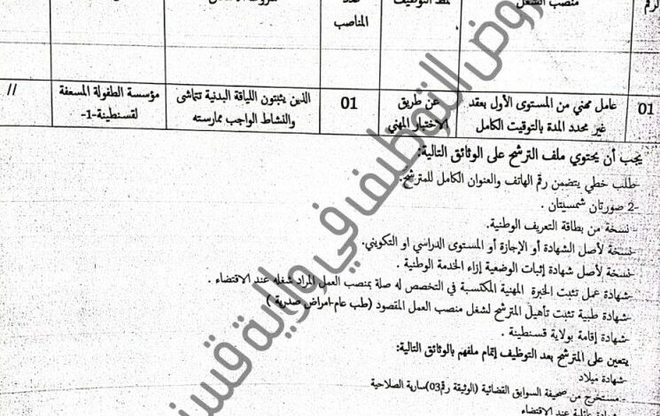 فتح مسابقة توظيف مؤسسة الطفولة المسعفة لقسنطينة 1