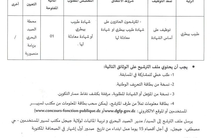 اعلان توظيف بمديرية الصيد البحري وتربية المائيات لولاية جيجل