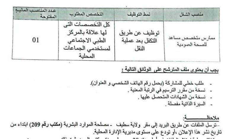 اعلان توظيف بمديرية الإدارة المحلية لولاية سطيف