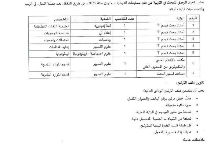 إعلان توظيف عن طريق التكفل بعد عملية النقل المعهد الوطني للبحث في التربية