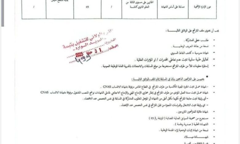 اعلان توظيف ببلدية سطح قنطيس ولاية تبسة