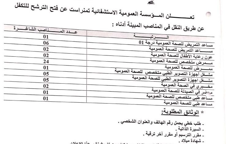اعلان توظيف عن طريق التكفل بالمؤسسة العمومية الاستشفائية تمنراست