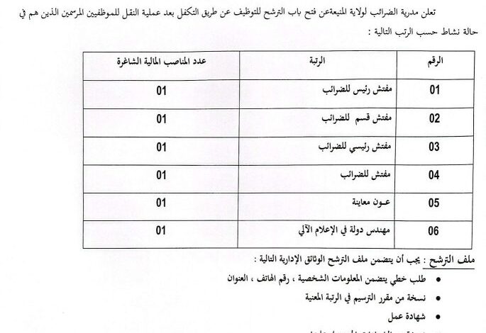فتح باب الترشح للتوظيف عن طريق التكفل بمديرية الضرائب