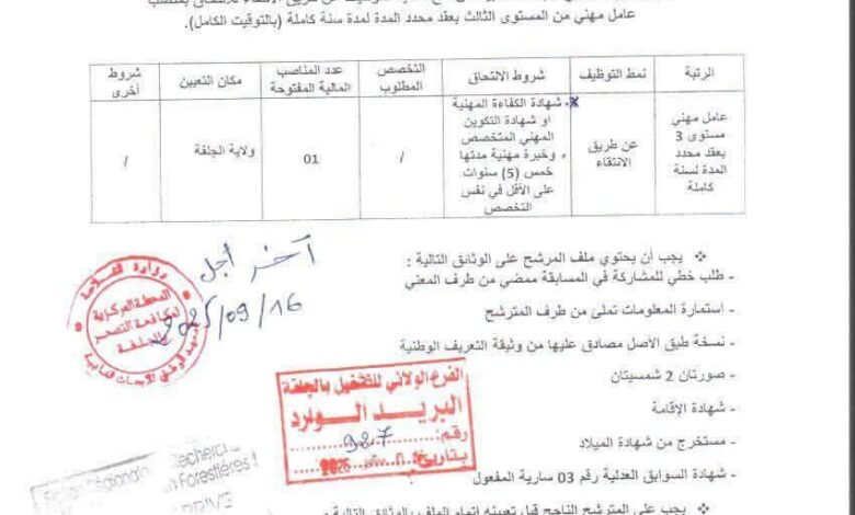 اعلان توظيف بالمعهد الوطني للأبحاث الغابية