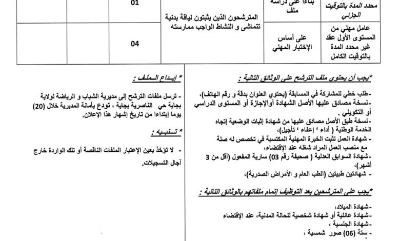 مسابقة توظيف بمديرية الشباب والرياضة لولاية بجاية