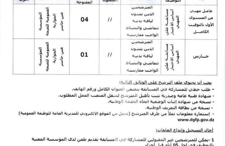 اعلان توظيف بالمؤسسة العمومية للصحة الجوارية بعين جاسر باتنة