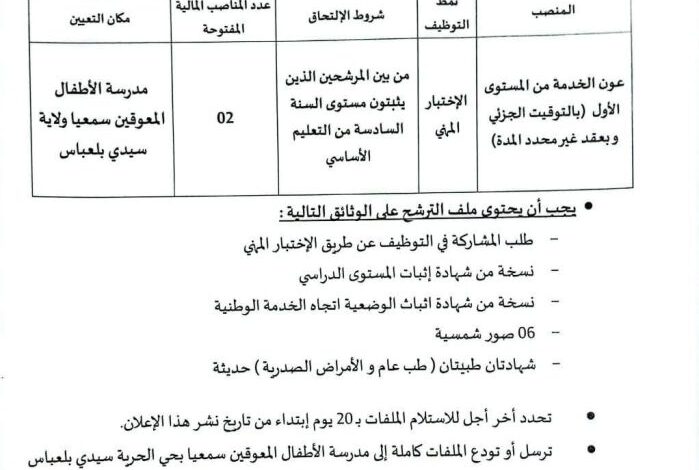 اعلان توظيف بمدرسة الأطفال المعوقين سمعيا بسيدي بلعباس