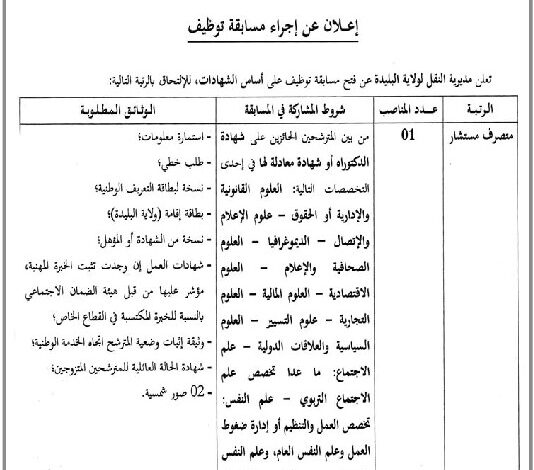 مسابقة توظيف على أساس الشهادات في مديرية النقل لولاية البليدة