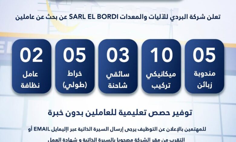 شركة البردي للآليات والمعدات تبحث عن موظفين في مختلف التخصصات