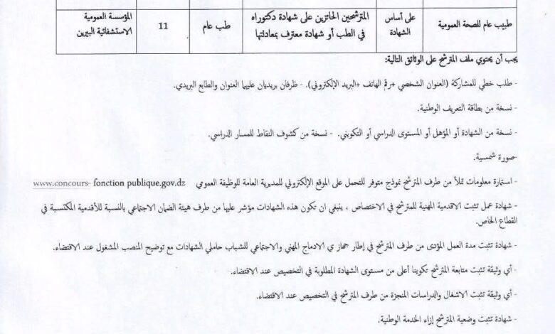 مسابقة توظيف بالمؤسسة العمومية الاستشفائية بالبيرين الجلفة