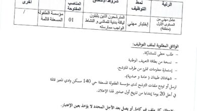 اعلان توظيف بمديرية النشاط الاجتماعي والتضامن مؤسسة الطفولة المسعفة – قالمة