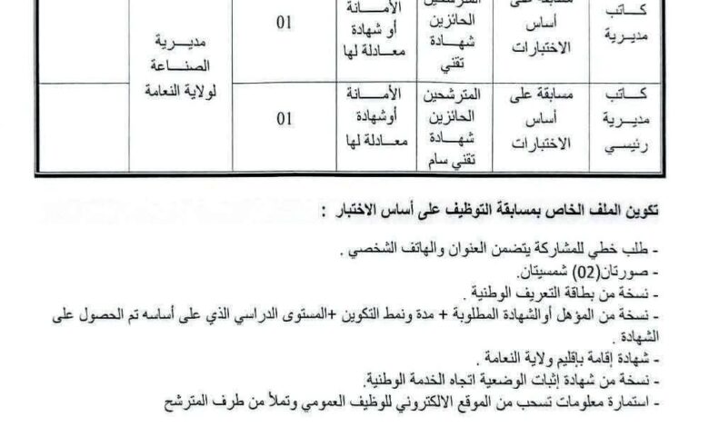 مسابقة توظيف في مديرية الصناعة لولاية النعامة