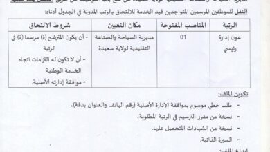 إعــلان عن توظيف عن طريق التكفل بعد عملية النقل بمديرية السياحة والصناعة التقليدية لولاية سعيدة