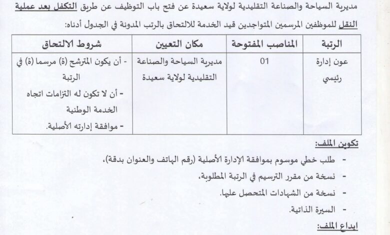 إعــلان عن توظيف عن طريق التكفل بعد عملية النقل بمديرية السياحة والصناعة التقليدية لولاية سعيدة