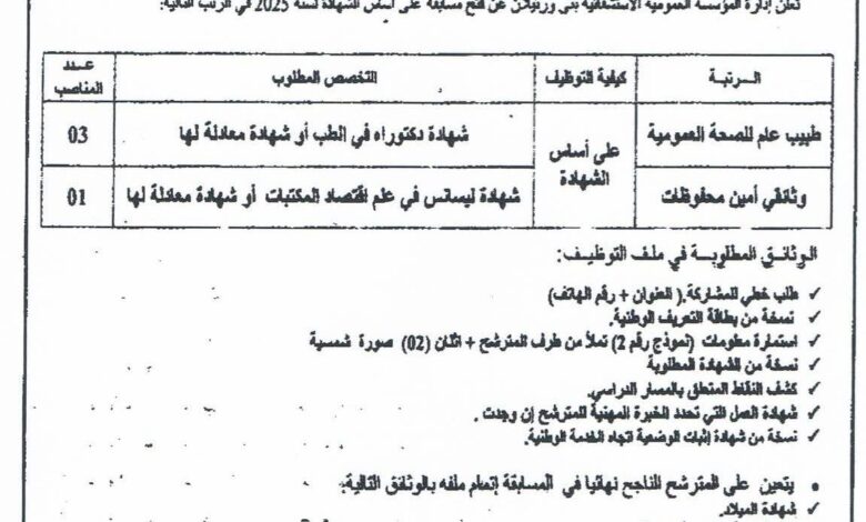 اعلان توظيف بالمؤسسة العمومية الاستشفائية بني ورتيلان سطيف