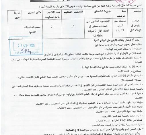 اعلان توظيف بمديرية الأشغال العمومية لولاية قالمة