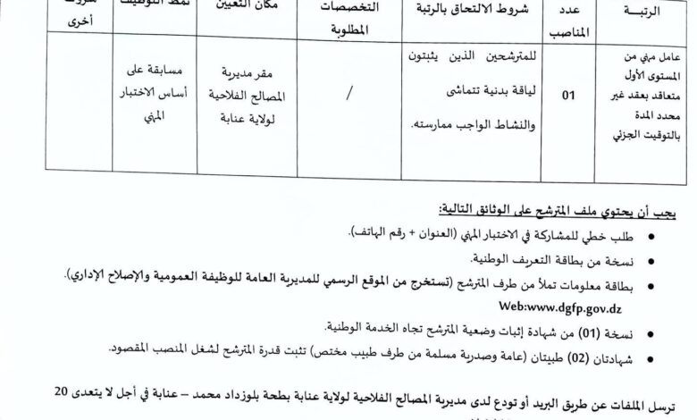 اعلان توظيف بمديرية المصالح الفلاحية لولاية عنابة