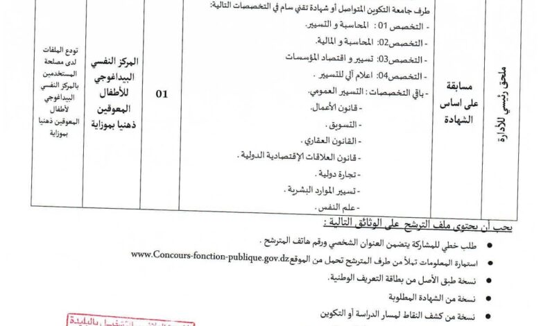 مسابقة توظيف بالمركز النفسي البيداغوجي للأطفال المعوقين ذهنيا بموزاية البليدة