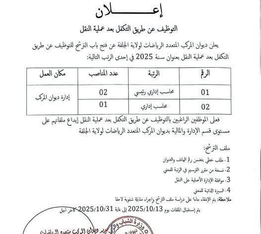 اعلان توظيف بديوان المركب المتعدد الرياضات لولاية الجلفة