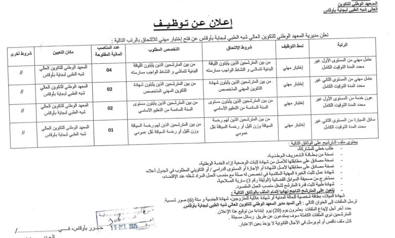 اعلان توظيف بالمعهد الوطني للتكوين العالي شبه الطبي بأوقاس بجاية