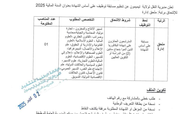 مسابقة توظيف بمديرية النقل لولاية تيميمون