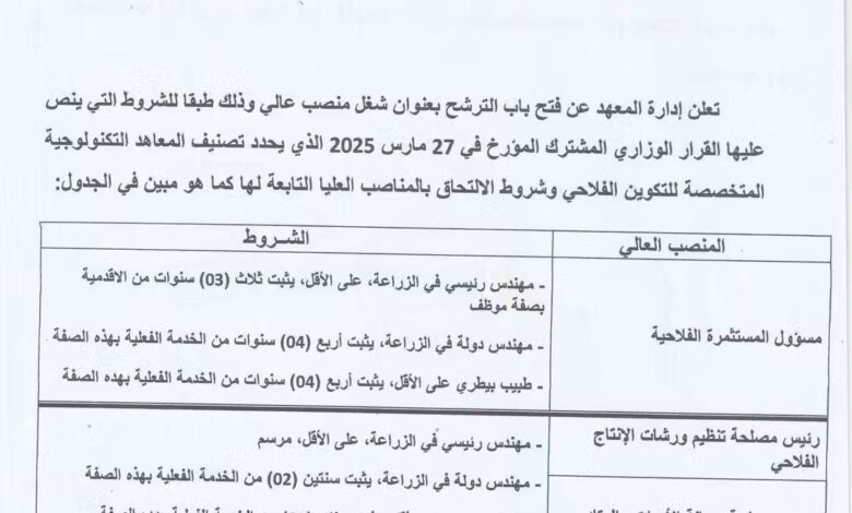 إعلان عن فتح باب الترشح لشغل مناصب عليا المعهد التكنولوجي المتخصص للتكوين في الخضروات والزراعات الصناعية