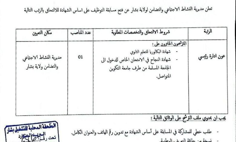 اعلان توظيف في مديرية النشاط الاجتماعي والتضامن لولاية بشار