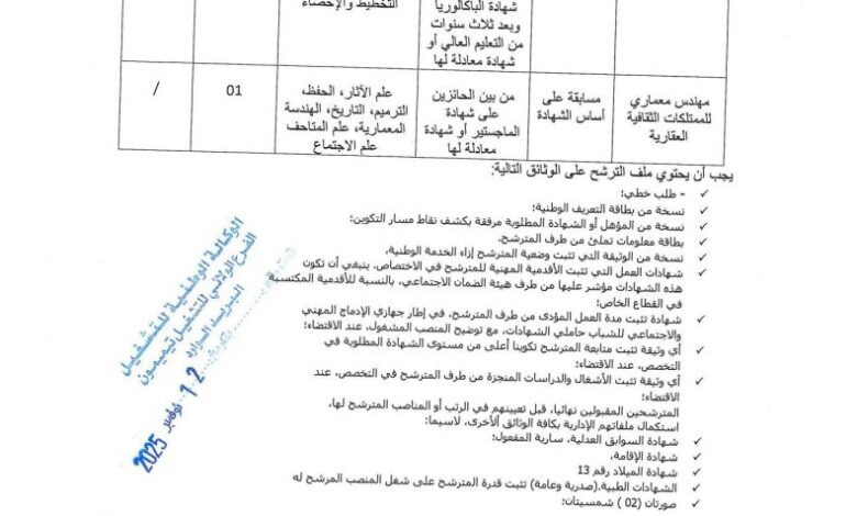 اعلان توظيف بالمركز الجزائري للتراث الثقافي الفني المبني بالطين