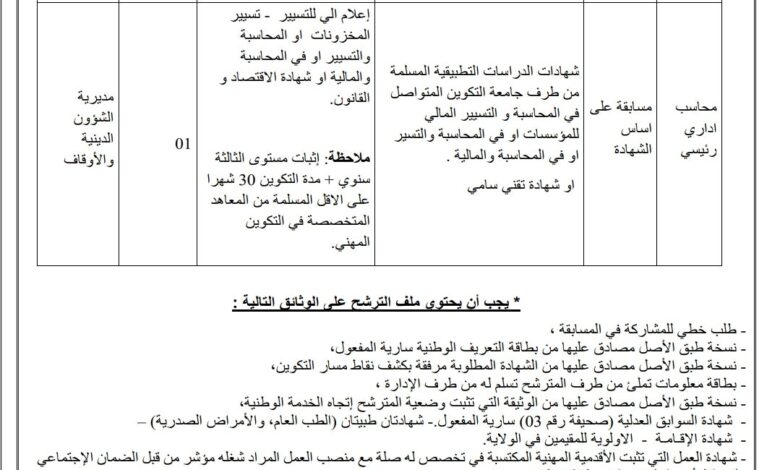 اعلان توظيف بمديرية الشؤون الدينية والأوقاف بولاية إن قزام