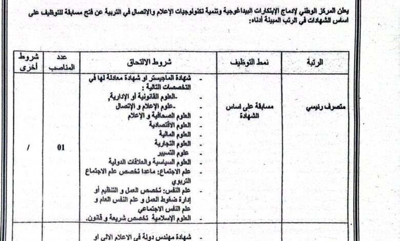اعلان مسابقة توظيف في المركز الوطني لإدماج الابتكارات البيداغوجية وتنمية تكنولوجيات الإعلام والاتصال في التربية