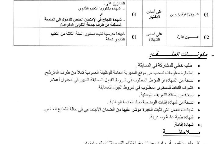 اعلان توظيف في مركز التكوين المهني والتمهين رقم (01) بالمنيعة